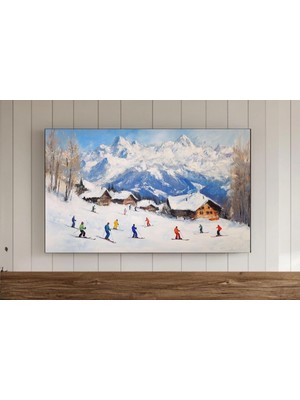 Ninastore Kayak Tatili Çerçeve Tv Duvar Sanatı Renkli Kayakçılar Karlı Dağlarda Kış Vintage Tarzı Tablo Isviçr