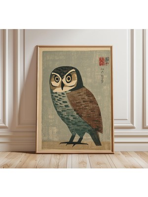 Ninastore Japon Baykuşu Sanat Baskısı, Vintage Ahşap Baskı Tarzı, Orta Çağ Hayvan Posteri, Minimalist Kuş Illü