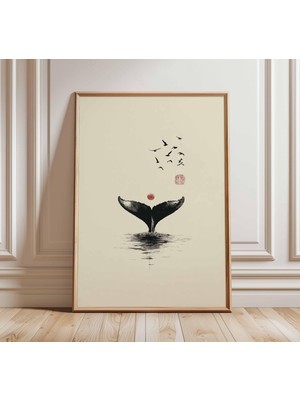 Ninastore Japon Balinası Posteri Minimalist Mürekkep Sanatı Baskısı Zen Okyanus Duvar Sanatı Modern Japandi De