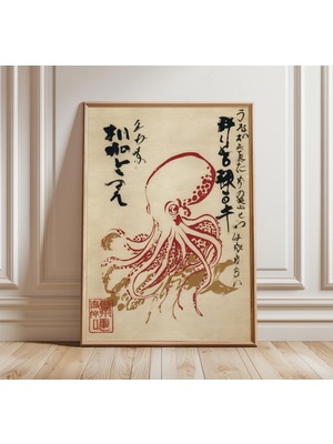Ninastore Japon Ahtapotu Sanat Baskısı | Minimalist Deniz Temalı Duvar Sanatı | Vintage Ukiyo-E Tarzı Deniz Ca