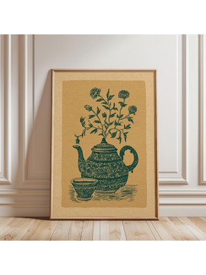 Ninastore Süslemeli Çaydanlık Posteri, Vintage Çizgi Sanatı, Botanik Çay Illüstrasyonu