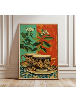 Ninastore Vintage Çay Fincanı Posteri Zarif Natürmort Sanat Baskısı Klasik Botanik Duvar Sanatı Geleneksel Ser