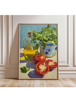 Ninastore Akdeniz Mutfağı Sanat Baskısı | Domates Fesleğen Zeytinyağı Posteri | Natürmort Yağlı Boya Tarzı Duv