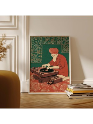 Ninastore Sikh Dj Ahşap Baskı Tarzı Poster Ahşap Baskı Tarzı Kırmızı Yeşil Illüstrasyon