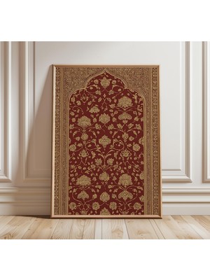 Ninastore Hint Brokar Desenli Sanat Baskısı, Babür Kemeri Duvar Sanatı, Altın Çiçekli Tekstil Tasarımı, Oryant