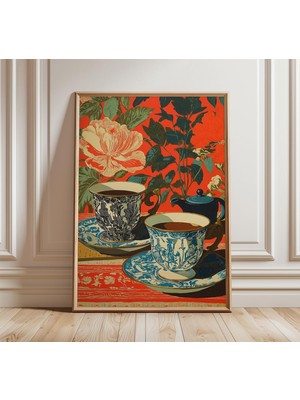 Ninastore Vintage Çay Fincanı Posteri Zarif Natürmort Sanat Baskısı Klasik Botanik Duvar Sanatı Geleneksel Ser