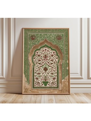 Ninastore Hint Kemeri Duvar Sanatı Baskısı, Babür Çiçek Desenli Poster, Yeşil ve Beyaz Lotus Mandala Tasarımı,