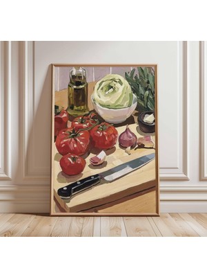 Ninastore Natürmort Mutfak Sanat Baskısı | Gerçekçi Yemek Resmi Posteri | Rustik Domates Duvar Sanatı | Akdeni