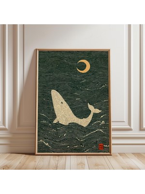 Ninastore Japon Ahşap Baskı Linolyum Tarzında Balina Baskısı, Krem ​​yeşil Illüstrasyon.