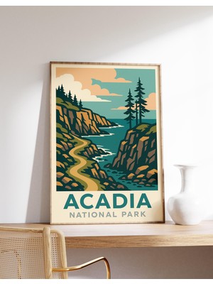 Ninastore Acadia Ulusal Parkı Posteri Maine Sahili Baskısı Acadia Duvar Sanatı Kayalık Kıyı Dekorasyonu Vintag