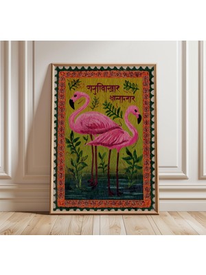 Ninastore Hint Halk Sanatı Flamingo Posteri Canlı Vahşi Yaşam Duvar Sanatı Pembe Kuş Baskısı Kabile Desenli Ke