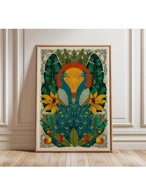 Ninastore Tavus Kuşu Çifti Duvar Sanatı Egzotik Botanik Baskı Hint Halk Tarzı Poster Canlı Tavus Kuşu Tablosu