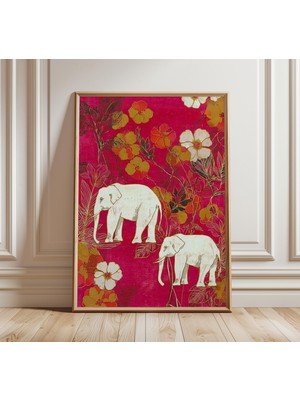 Ninastore Hint Fili Çiçek Desenli Bohem Duvar Sanatı Pembe ve Altın Oryantal Poster Egzotik Doğa Dekorasyonu K