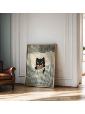 Ninastore Kedi Okuma Baskısı Siyah Kedi Duvar Sanatı Rahat Yatak Odası Posteri Kitap Sever Kedi Illüstrasyonu