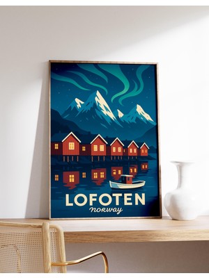 Ninastore Lofoten Norveç Posteri Kuzey Işıkları Baskısı Lofoten Duvar Sanatı Arktik Kulübe Dekorasyonu Iskandi