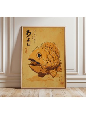 Ninastore Japon Taiyaki Balığı Duvar Sanatı Retro Mürekkep Illüstrasyon Baskı Oryantal Minimalist Poster Kültü
