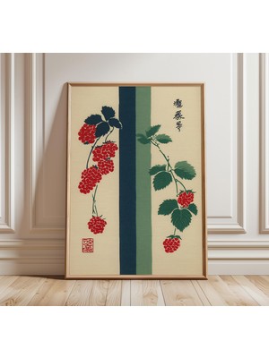 Ninastore Japon Botanik Sanat Baskısı Kırmızı Meyve Duvar Sanatı Minimalist Doğa Posteri Geleneksel Asya Tasar