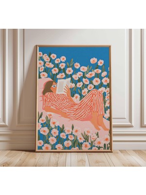 Ninastore Halk Sanatı Okuma Posteri | Çiçek Desenli Duvar Sanatı | Kitap Severler Için Hediye | Neşeli Illüstr