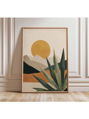 Ninastore Çöl Manzarası Duvar Sanatı Baskısı Minimalist Güneş ve Dağlar Posteri Modern Boho Bitki Sanatı Güney