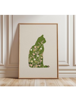 Ninastore Çiçekli Kedi Silüeti Sanat Baskısı Botanik Hayvan Posteri Yeşil Doğa Duvar Sanatı Neşeli Evcil Hayva