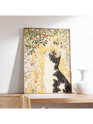 Ninastore Kedi Duvar Sanatı Posteri, Vintage Japon Tarzı Baskı, Botanik Kedi Illüstrasyonu, Sevimli Hayvan Duv