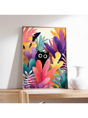 Ninastore Siyah Kedi Duvar Sanatı Baskısı Soyut Orman Kedisi Posteri Canlı Modern Kedi Illüstrasyonu Neşeli Ha