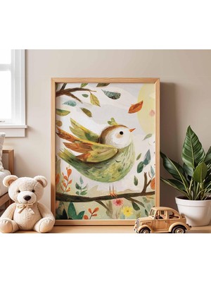 Ninastore Kuş Temalı Çocuk Odası Posteri | Yeşil Şarkıcı Kuş Duvar Sanatı | Sevimli Bebek Odası, Çocuk Odası V