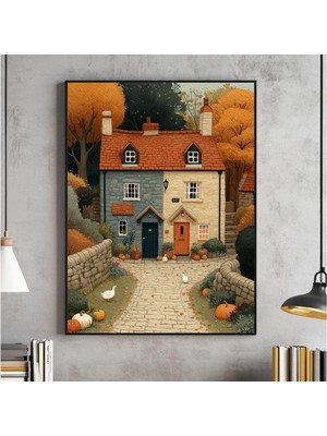 Ninastore Sonbahar Çiftlik Evi Baskılı Ördek ve Balkabağı Temalı Şirin Köy Duvar Sanatı (Dijital Indirme)