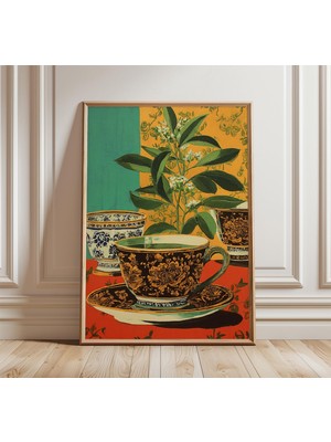 Ninastore Vintage Çay Fincanı Posteri Zarif Natürmort Sanat Baskısı Klasik Botanik Duvar Sanatı Geleneksel Ser