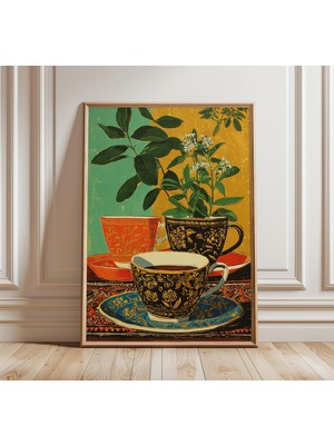 Ninastore Vintage Çay Fincanı Posteri Zarif Natürmort Sanat Baskısı Klasik Botanik Duvar Sanatı Geleneksel Ser