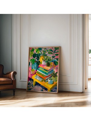 Ninastore Canlı Boho Sanat Baskısı Renkli Kitaplar Bitkiler Duvar Dekoru Eklektik Matisse Tarzı Tablo Maksimal