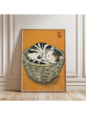 Ninastore Uyuyan Kedi Sepeti Posteri Japon Ahşap Baskı Tarzı