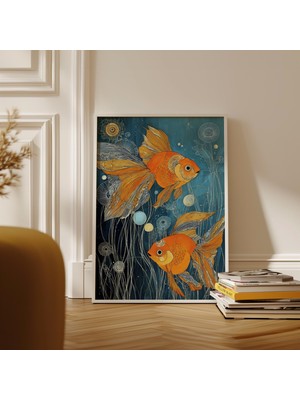 Ninastore Japon Balığı Baskılı Stilize Su Altı Illüstrasyon Posteri