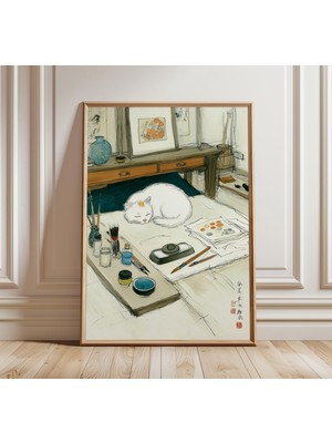 Ninastore Japon Kedisi Sanat Baskısı Suluboya Duvar Sanatı Sakin Stüdyo Sahnesi Posteri Asya Minimalist Tablo