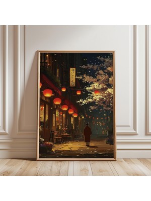 Ninastore Japon Feneri Sokak Afişi Gece Kiraz Çiçeği Baskısı Resimli Sanat Eseri