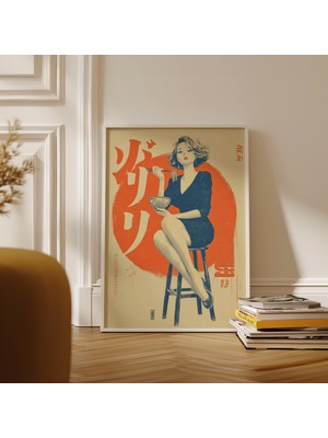 Ninastore Turuncu ve Lacivert Tonlarında Oturan Kadın Illüstrasyonlu Japon Pop-Art Baskısı.