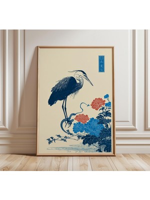 Ninastore Japon Balıkçıl Kuşu ve Yılan Posteri, Kırmızı ve Mavi Şakayıklarla Zarif Oryantal Duvar Sanatı, Mini