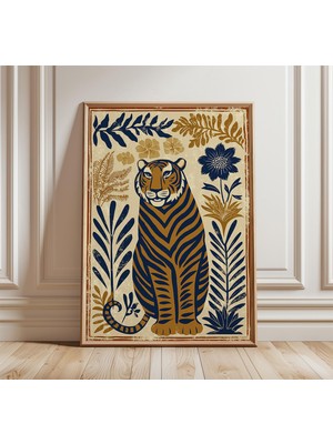 Ninastore Cesur Kaplan Duvar Sanatı Baskısı Modern Orman Posteri Vintage Halk Sanatı Tarzı Hayvan Illüstrasyon