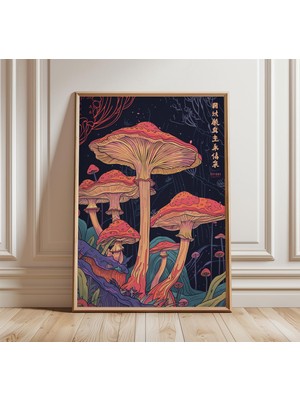 Ninastore Japon Mantarı Posteri, Psikedelik Botanik Duvar Sanatı, Fantastik Doğa Illüstrasyonu, Canlı Mantar B