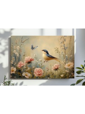 Ninastore Vintage Bahar Çiçekli Kuş Duvar Sanatı Kır Evi Tarzı Yabani Çiçek Çayırı Bej Dekor Botanik Tablo Yaz