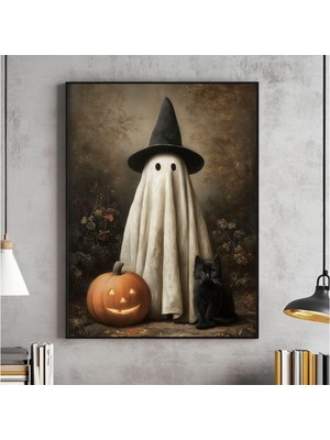 Ninastore Karanlık Sonbahar Ormanında Sevimli Hayalet ve Kara Kedi Duvar Sanatı Vintage Cadılar Bayramı Poster
