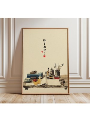 Ninastore Bilim Insanı Masası Natürmort Çin Suluboya Duvar Sanatı Mürekkep ve Fırça Resim Oryantal Minimalist