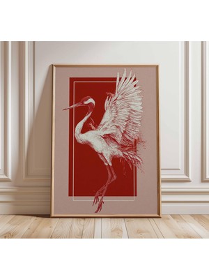 Ninastore Japon Turnası Sanat Baskısı Minimalist Kırmızı ve Beyaz Illüstrasyon Oryantal Kuş Duvar Sanatı Moder