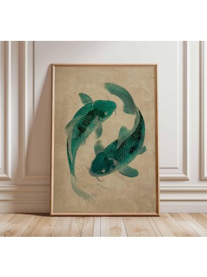 Ninastore Japon Koi Balığı Posteri Minimalist Zen Duvar Sanatı Japandi Su Sanatı Vintage Asya Baskısı Sakin Do