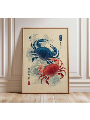 Ninastore Japon Yengeci Posteri, Vintage Denizcilik Sanatı Baskısı, Kırmızı ve Mavi Deniz Yaşamı Duvar Sanatı,