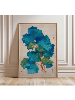 Ninastore Botanik Sanat Baskısı Japon Tarzı Yaprak Posteri Modern Doğa Duvar Sanatı Mavi Yeşil Bitki Illüstras