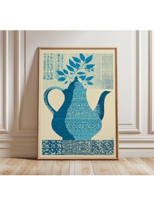 Ninastore Çaydanlık Duvar Sanatı Baskısı Modern Vintage Mutfak Posteri Mavi Risograf Tasarım Minimalist Fas Es