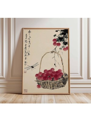 Ninastore Çin Duvar Sanatı Baskısı, Vintage Mürekkep Resim Posteri, Liçi Meyve Sepeti Sanat Eseri, Oryantal As