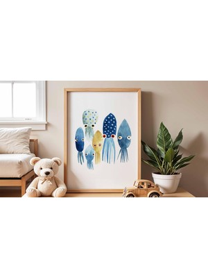 Ninastore Renkli Kalamar Bebek Odası Posteri Okyanus Hayvanları Duvar Sanatı Deniz Altı Çocuk Odası Baskısı Eğ