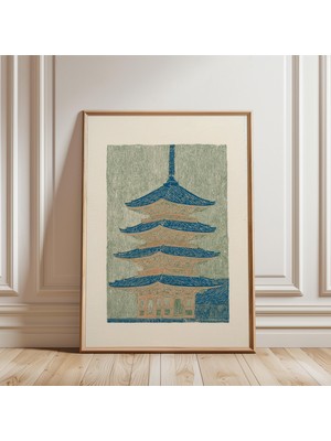 Ninastore Japon Pagoda Posteri Mavi Ahşap Baskı Tapınak Sanatı Geleneksel Mimari Baskı